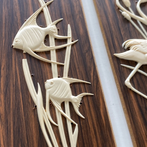 Vintage Carved Bakelite Flamingo - Fish Wood Wall Plaques. Made in West Germany. - Picture 3 of 7